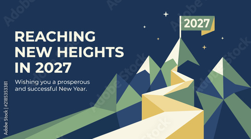 Reaching new heights in 2027, a mountain landscape illustration symbolizing success, ambition, and a prosperous new year for business and personal goals