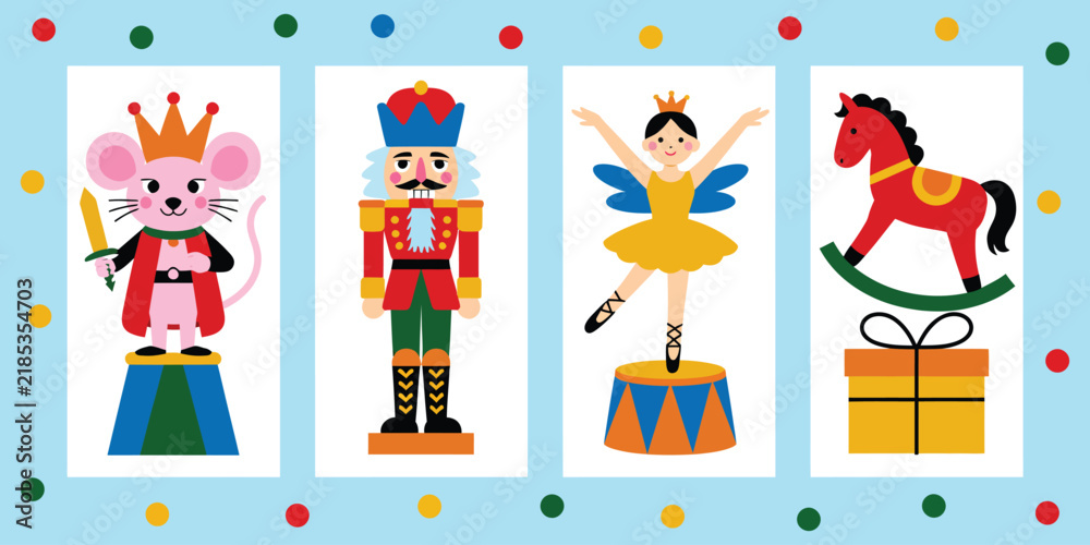 Fototapeta premium Nutcracker Ballet Christmas Cards with Cute Cartoon Toy Soldier, Ballerina Dancer, Mouse King and Rocking Horse Vector Illustrations