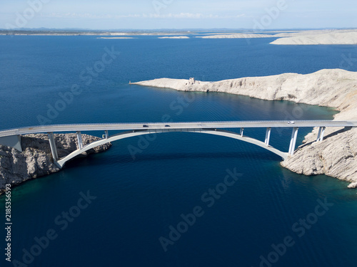 Cuadro en lienzo Aerial View of Pag Bridge and Rugged Coastline of Pag Island, Croatia