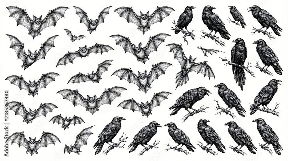 Obraz premium Spooky Halloween Bat Raven Graphic Collection Hand Drawn Line Art Flying Bat Textured Wing Gothic Perched Raven Sharp Claw Realistic Engraving Shading Black Ink White Background Asset