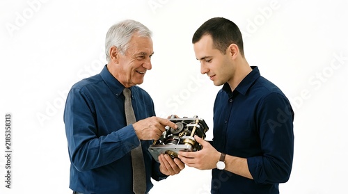 Naklejka Experienced engineer explains complex mechanical device to younger colleague