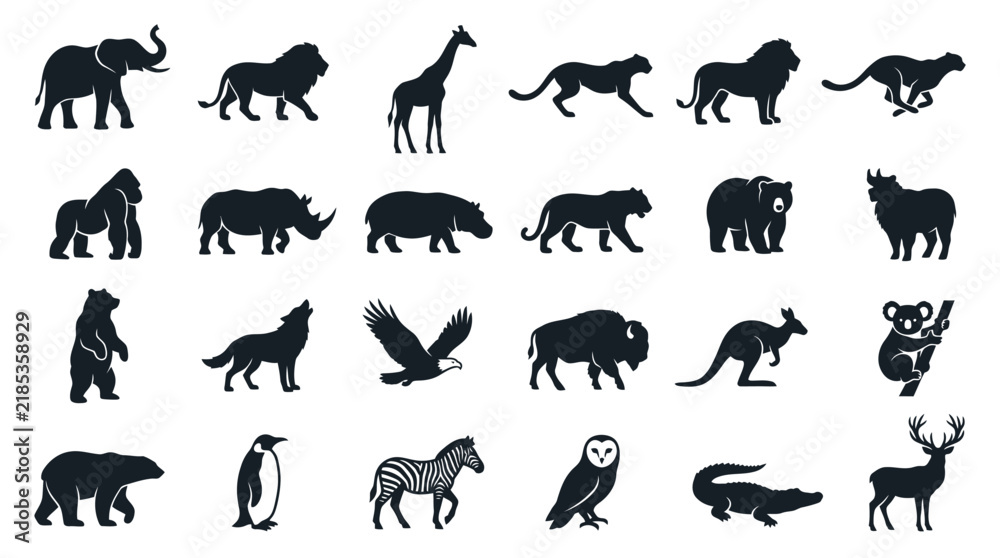 Obraz premium Black-and-white silhouettes of diverse prehistoric and modern animals arranged in a grid pattern for educational or design use.