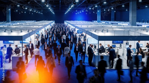 Crowded exhibition hall with many people walking between booths. Business professionals attend trade show for networking, product showcases. Attendees interact at displays in large convention center.