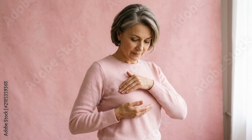Mature Woman Performing Breast Self-Examination Pink Background
