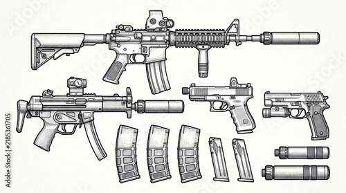 Tactical Counter Terrorism Rifle Pistol Illustration Set Hand Drawn Line Art Silencer Carbine Automatic Handgun Detachable Suppressor Steel Magazine Cross Hatching Shading Plain White Background