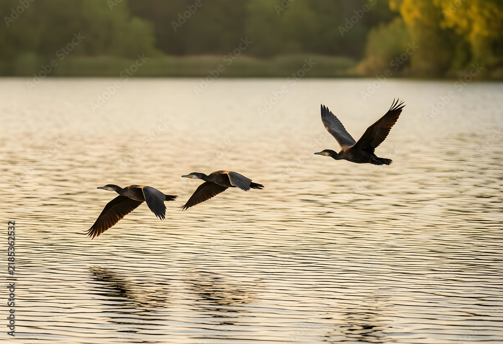 Obraz premium Migration and wildlife conservation, three cormorants flying in formation over a calm lake at sunset with golden light reflecting on the water surface