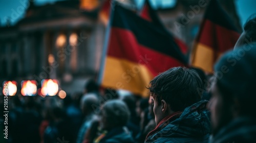 German flag waving against a background of people marching