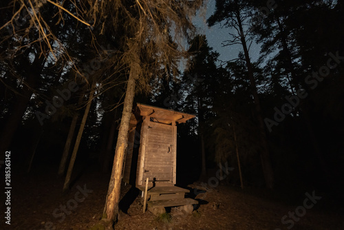 Rustic wooden outhouse deep in dark forest at night under starry sky illuminated by warm light outdoor wilderness primitive latrine cabin structure woods