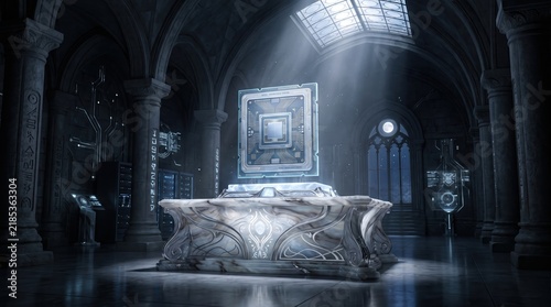 Futuristic glowing processor relic on stone altar in dark gothic temple with dramatic light rays