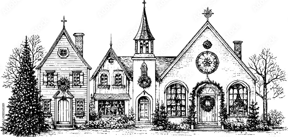 Fototapeta premium Antique engraved christmas village row of decorated houses with wreaths and fir tree for holiday card background and seasonal banner design