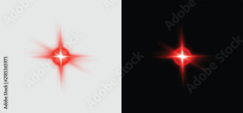 Red lens flare starburst effect with radial light streaks isolated on transparent background for digital media