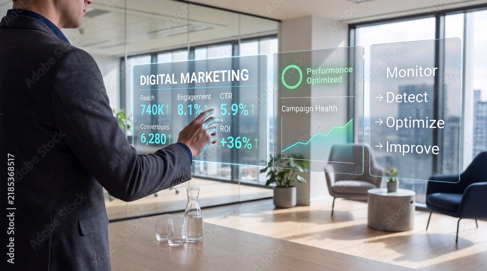 Fototapeta premium Professional businessman interacting with a futuristic digital holographic interface in a modern corporate office environment with large windows