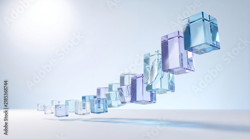 Abstract glass cubes floating in ascending pattern 3D render background