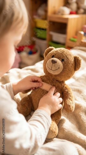 Child applying bandage to teddy bear in playroom for pediatric care comforting toy scene and child wellness awareness background