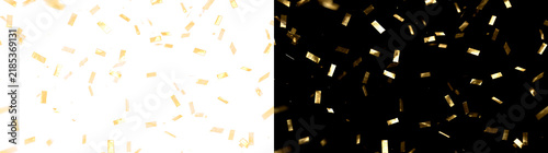 Falling shiny gold confetti isolated on transparent and black backgrounds. Shiny metallic rectangular pieces in motion. Festive celebration overlay element. PNG