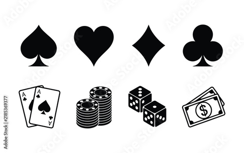 Gambling Icons featuring black and white poker chips, dice, playing cards, money symbols, and classic suit symbols for casino and gaming designs