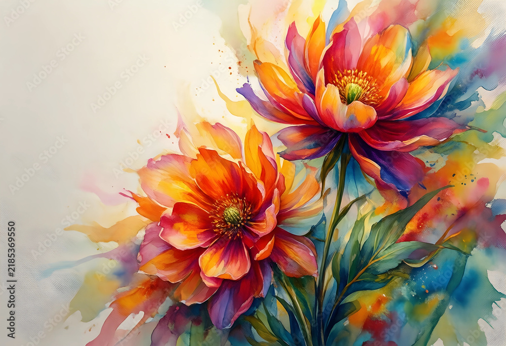 Fototapeta premium Creativity and artistic expression, vibrant watercolor flowers with abstract paint splashes and colorful botanical illustration on textured paper background