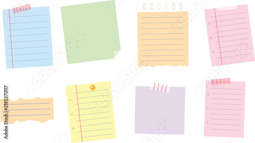 фотографія A collection of colorful sticky notes and lined paper sheets isolated on a white