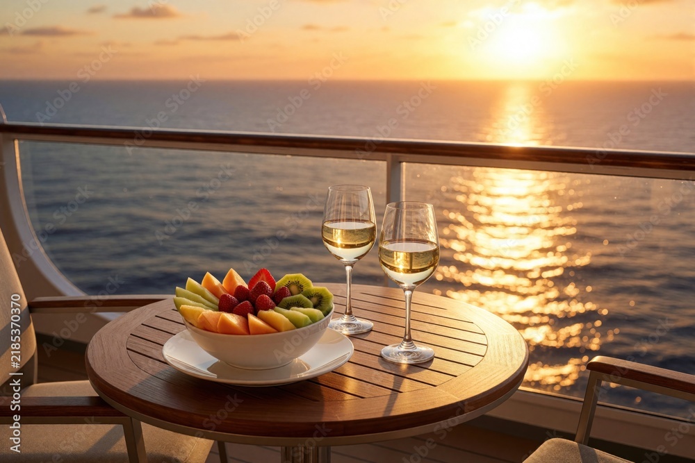 Obraz premium Two wine glasses and fruit bowl on cruise ship balcony at sunset. Couple enjoys romantic dinner overlooking the sea. Ocean waves shimmer under golden hour light.