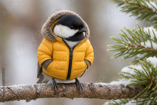 Cute chickadee bird wearing a yellow hooded winter jacket with fur trim perched on a snowy pine branch, symbolizing cold weather, humor, and winter fashion concept.