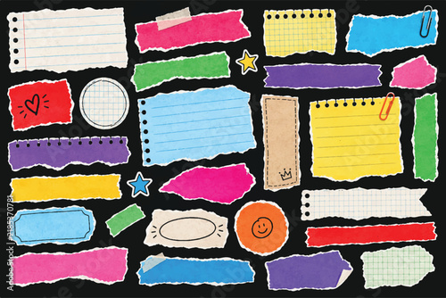 Paper Notebook Rip Sticker Set, Hand Drawn Torn Paper Tape, Y2K Retro Cutout Labels, Diary Scrapbook Craft Grunge Notes, Vintage Glued Texture, Vector Illustration