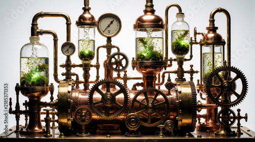 Intricate steampunk contraption with brass pipes glass vials and spinning gears. Green mossy plants grow inside clear containers with bubbling water. Complex machinery.