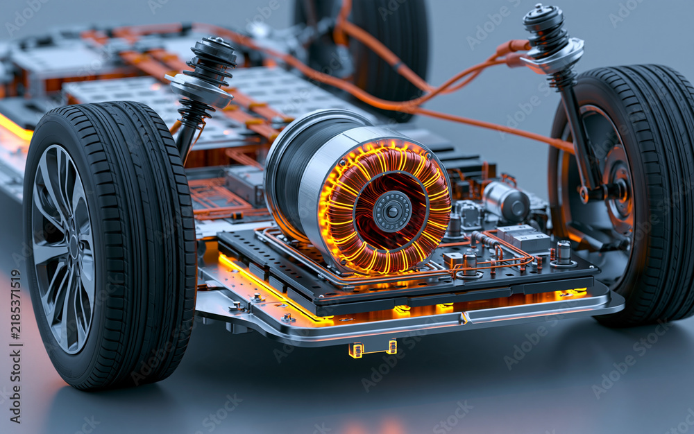Obraz premium Close up 3D render of electric car powertrain with battery pack and electric motor. EV Cars