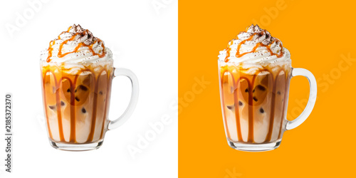 Fotografie Iced caramel coffee with whipped cream in a clear glass mug on dual color backdr