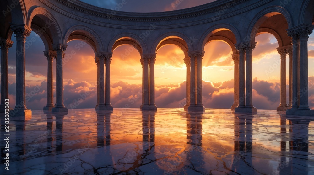 Obraz premium Ancient Greek colonnade arches at sunset with clouds. Wet marble floor reflects glowing orange sky and dramatic clouds. Architecture offers grand view.