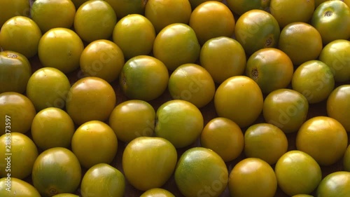 Green grape cherry tomatoes, full-frame background texture. Ripe homegrown organic green heirloom tomato heap slowly rotating in tight horizontal top view with backlit natural window light.