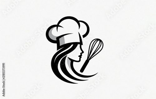 Minimalist line art logo of woman chef. Profile silhouette wears tall toque hat with flowing hair, whisk tool. Simple black icon for bakery brand, culinary business, catering service identity.
