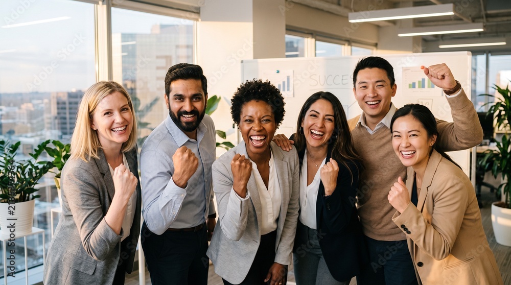 Obraz premium A diverse group of six professionals, men and women of various ethnicities, celebrating a success with raised fists and joyful expressions in a modern office setting.
