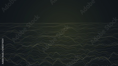 Принти на полотні Dark landscape featuring a glowing, thin, yellow wireframe mesh representing a w