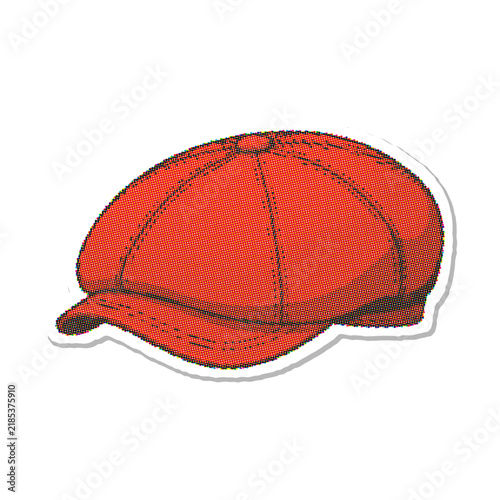 Fotografie Red newsboy cap hat with stitched panels halftone vector illustration