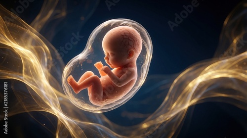 Developing human fetus floats in amniotic sac, inside womb. Abstract golden waves surround unborn baby. Medical science concept, early life stage.