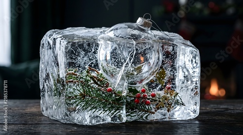 Christmas ornament frozen inside a large block of ice with pine branches and red berries