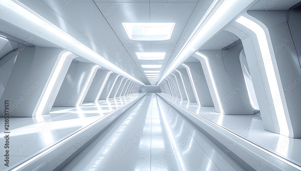 Obraz premium A futuristic white hallway illuminated by sleek neon lights evokes a sense of innovation and progress. With nobody present, this clean, hightech interior offers endless vision.