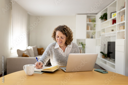 Mature woman working from home writing in notebook