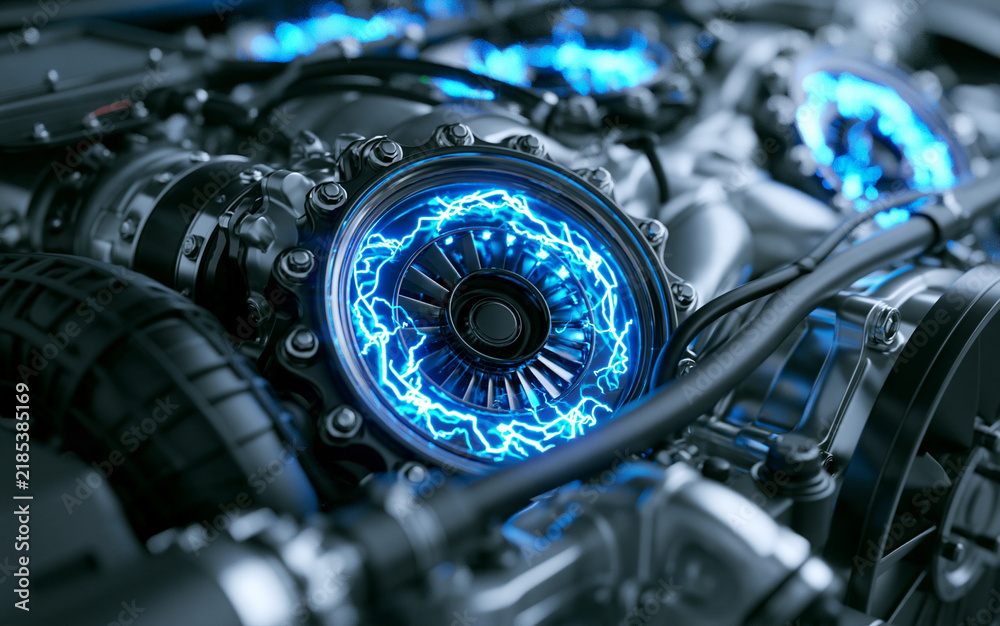 Fototapeta premium Close up of a powerful engine with electric blue energy displays