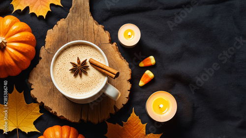 Cozy Autumn Pumpkin Spice Latte with Cinnamon, Candy Corn and Fall Leaves