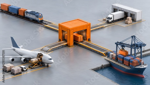 Multimodal global freight transportation hub showing cargo ship airplane train and truck logistics network