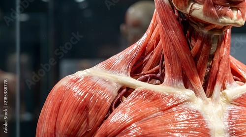 Detailed anatomical model of human shoulder and neck muscles.