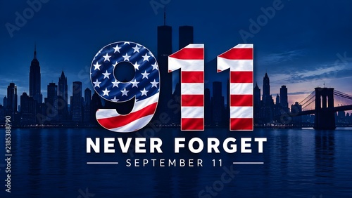 New York City skyline with iconic 9/11 tribute numbers featuring american flag design never forget september 11th patriotic remembrance.