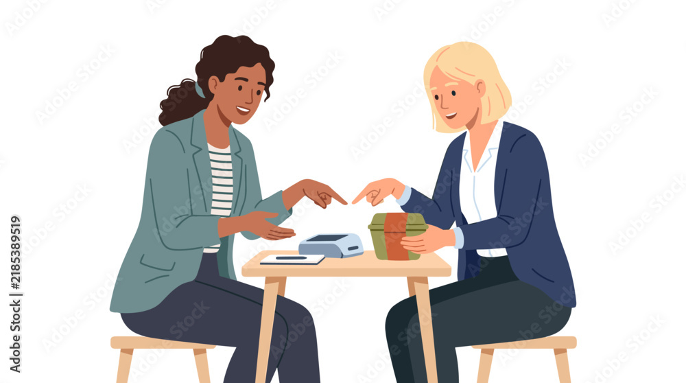 Fototapeta premium Professional diverse businesswomen discussing product logistics and contactless payment processing at a table, flat vector illustration