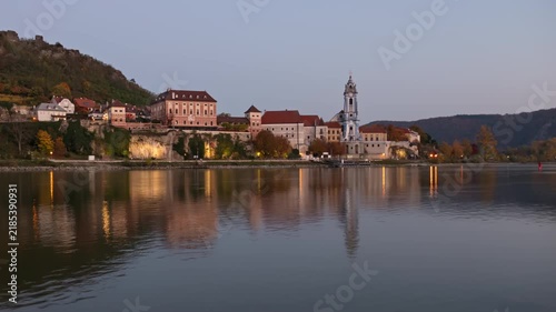 Day to night time lapse panorama Durnstein town, Wachau valley, Austria.