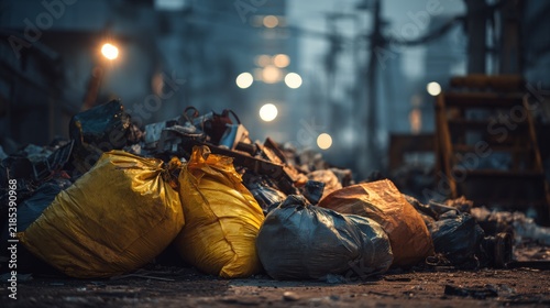 Piles of trash bags on a city street at night with streetlights illuminating the scene