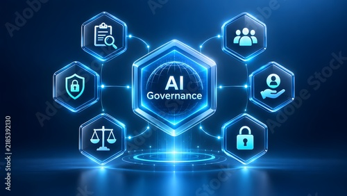 Glowing blue hexagonal digital interface showing AI Governance and security icons. Concept of artificial intelligence ethics and corporate policy.