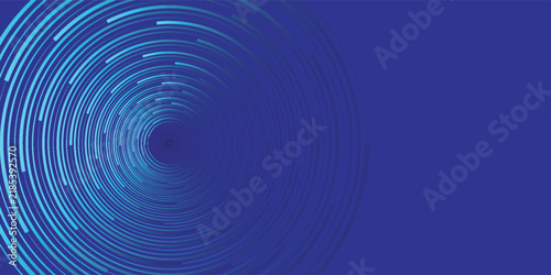 Abstract dark blue tech background with glowing cyan circular line tunnel and vortex on left side.