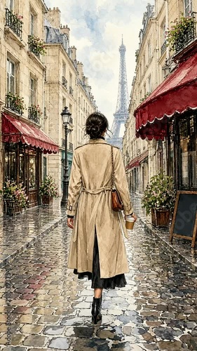 Elegant Woman Strolling Paris Street with Eiffel View