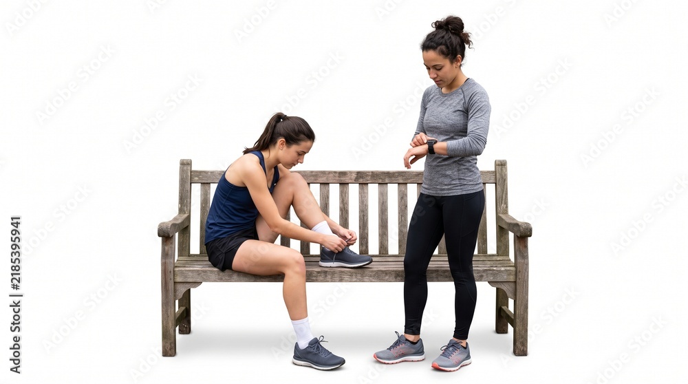 Fototapeta premium Two women preparing for a run on a park bench checking smartwatch
